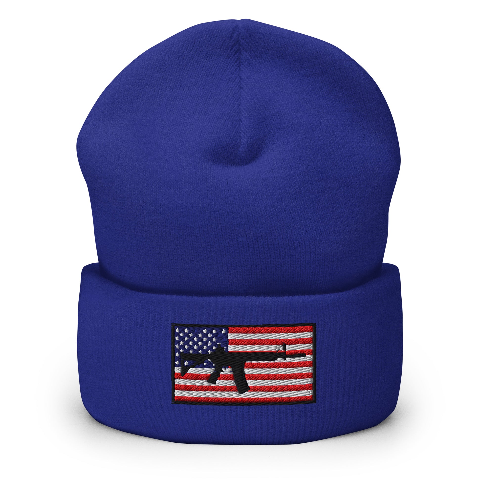 Patriotic AR-15 overlay on the USA Flag (Old Glory), embroidered on a Cuffed Beanie - available in 12 colors, shown here in blue.