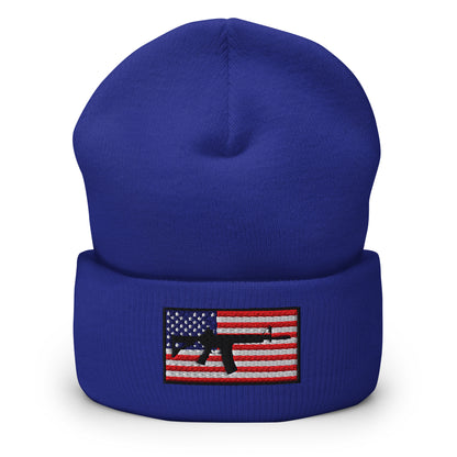 Patriotic AR-15 overlay on the USA Flag (Old Glory), embroidered on a Cuffed Beanie - available in 12 colors, shown here in blue.
