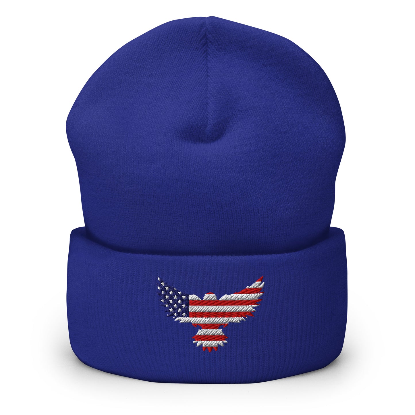 Patriotic Cuffed Beanie with USA Flag (Old Glory) Eagle embroidered into the cuff of the beanie - available in 12 different colors - shown here in blue.