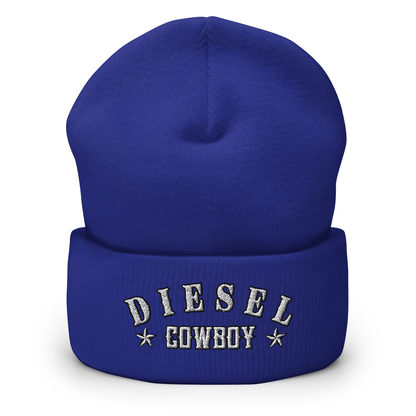 "Diesel Cowboy" embroidered into this cuffed beanie hat by Infidel Collective, available in 12 colors, shown here in royal blue.