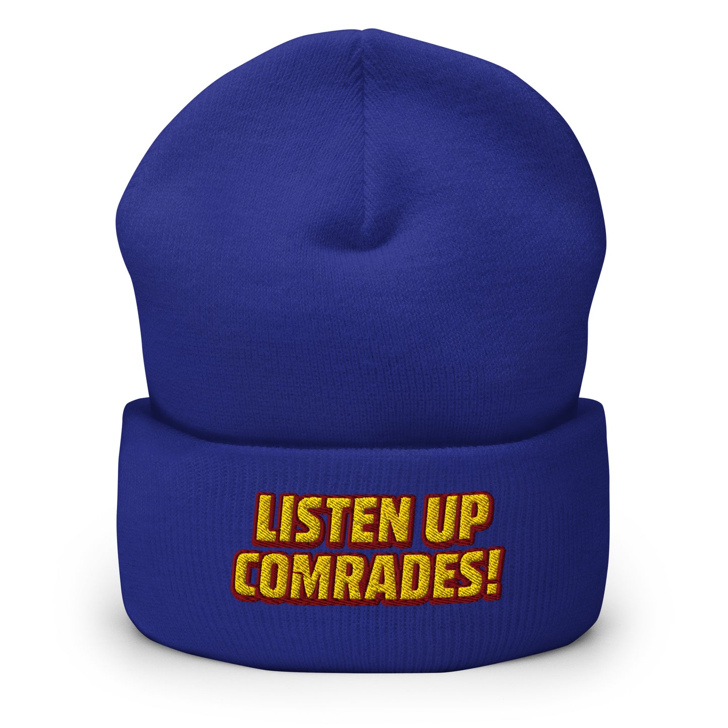 Blue beanie with 'Listen Up Comrades!' text on a white background