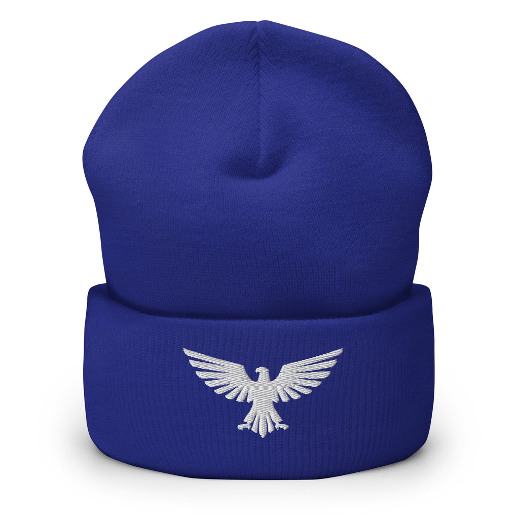 Royal, beanie, with embroidered patriotic eagle crest, front view
