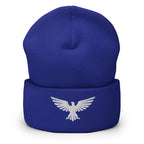Royal, beanie, with embroidered patriotic eagle crest, front view