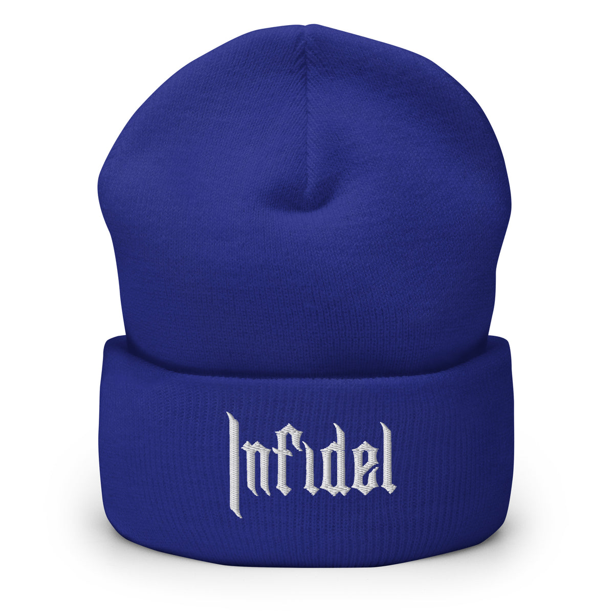 Royal, beanie, with embroidered OG INFIDEL mark, front view