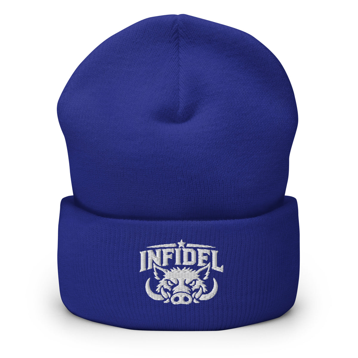 Royal beanie with embroidered INFIDEL War Pig design, front view