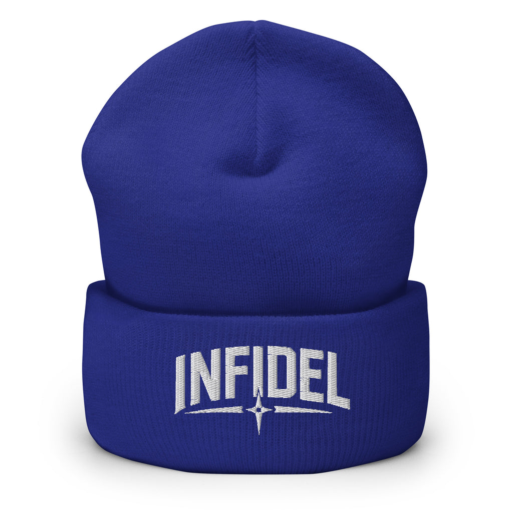 Royal beanie with embroidered Infidel Spike design, front view