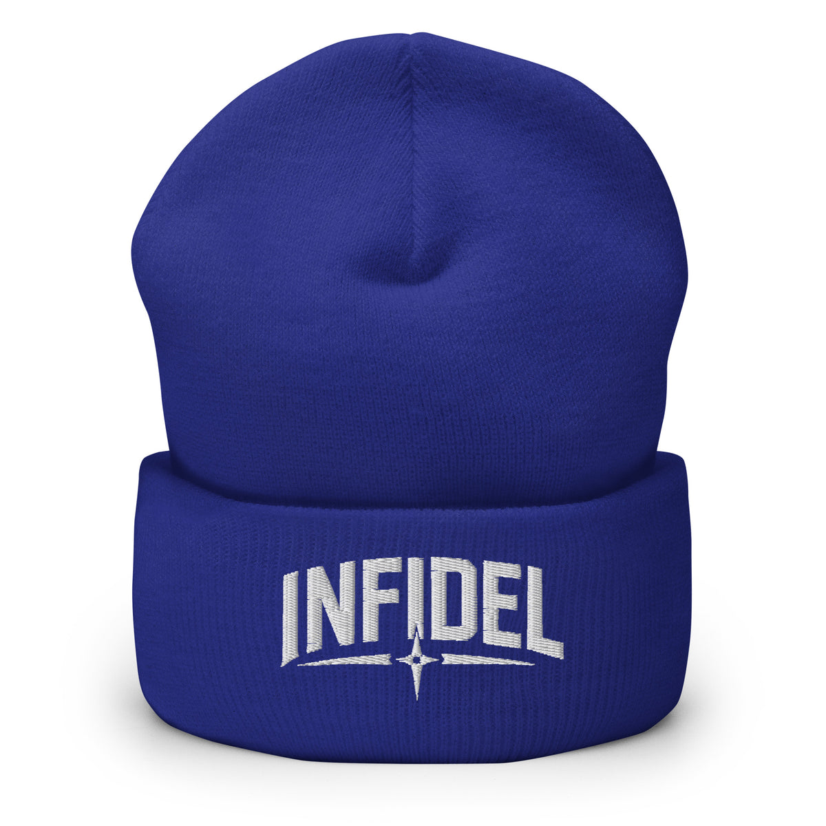 Royal beanie with embroidered Infidel Spike design, front view