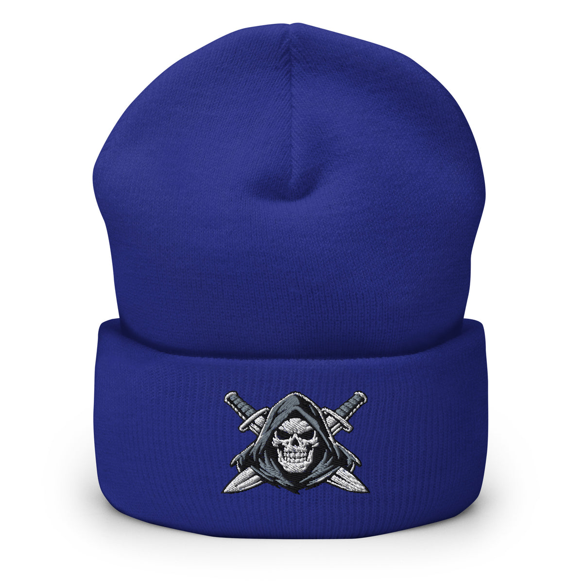 Royal beanie with embroidered Only Fear Infidel reaper design, front view