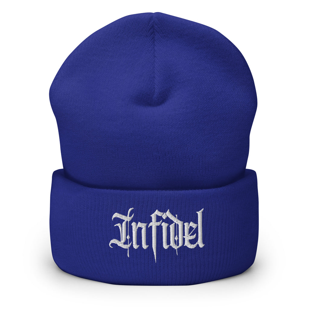 Royal beanie with embroidered Infidel Script design, front view