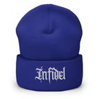 Royal beanie with embroidered Infidel Script design, front view