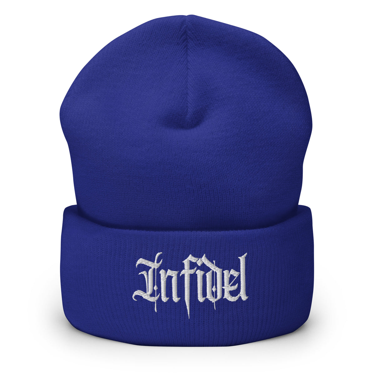 Royal beanie with embroidered Infidel Script design, front view
