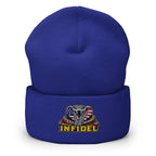 Royal cuffed knit beanie with embroidered INFIDEL USA Flag Cobra front design, front view