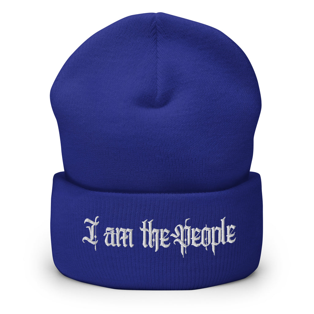 Royal cuffed knit beanie with embroidered I Am the People front design, front view