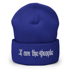 Royal cuffed knit beanie with embroidered I Am the People front design, front view