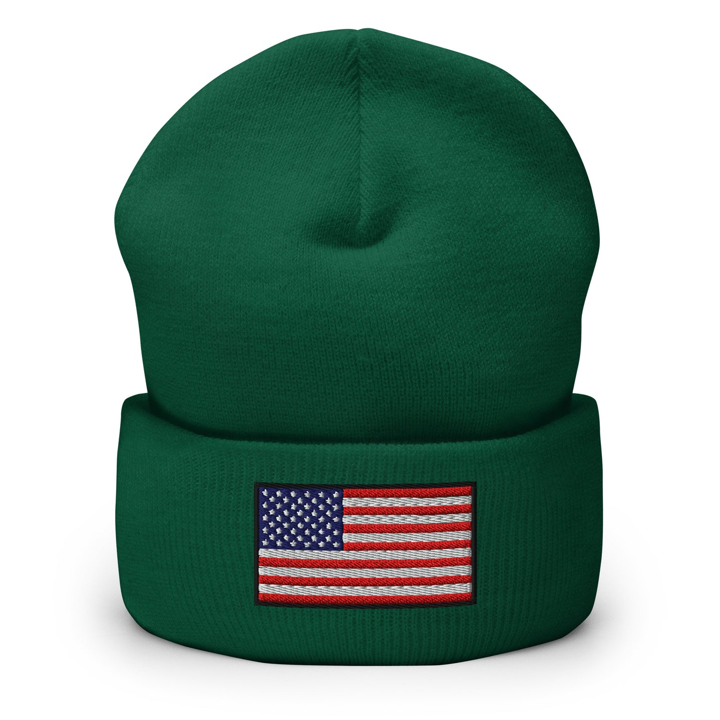 Patriotic Cuffed Beanie with the USA Flag (Old Glory) embroidered into the cuff of the beanie - available in 12 different colors - shown here in green.
