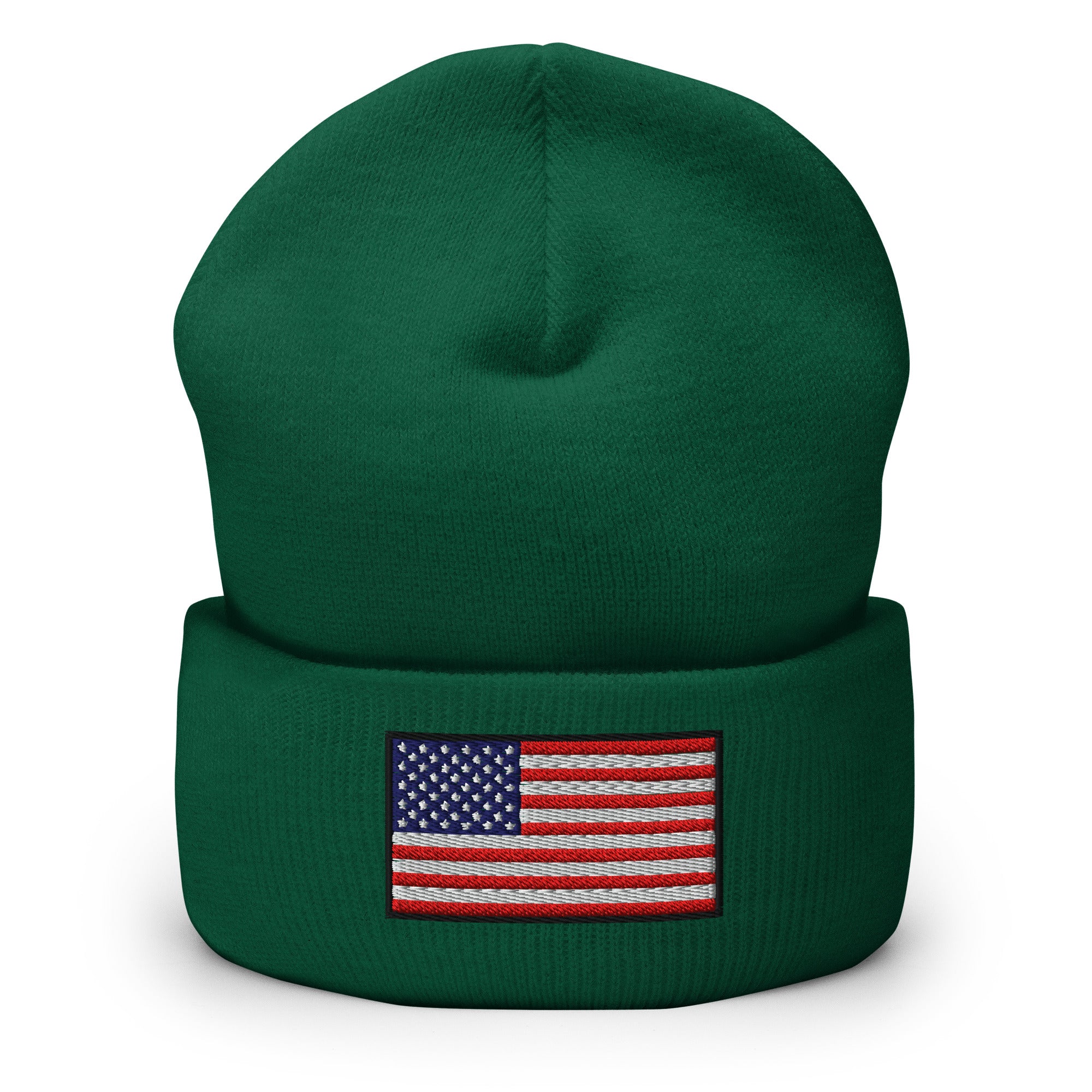 Patriotic Cuffed Beanie with the USA Flag (Old Glory) embroidered into the cuff of the beanie - available in 12 different colors - shown here in green.