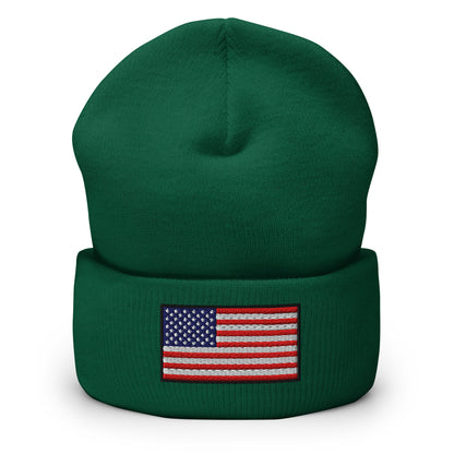 Patriotic Cuffed Beanie with the USA Flag (Old Glory) embroidered into the cuff of the beanie - available in 12 different colors - shown here in green.