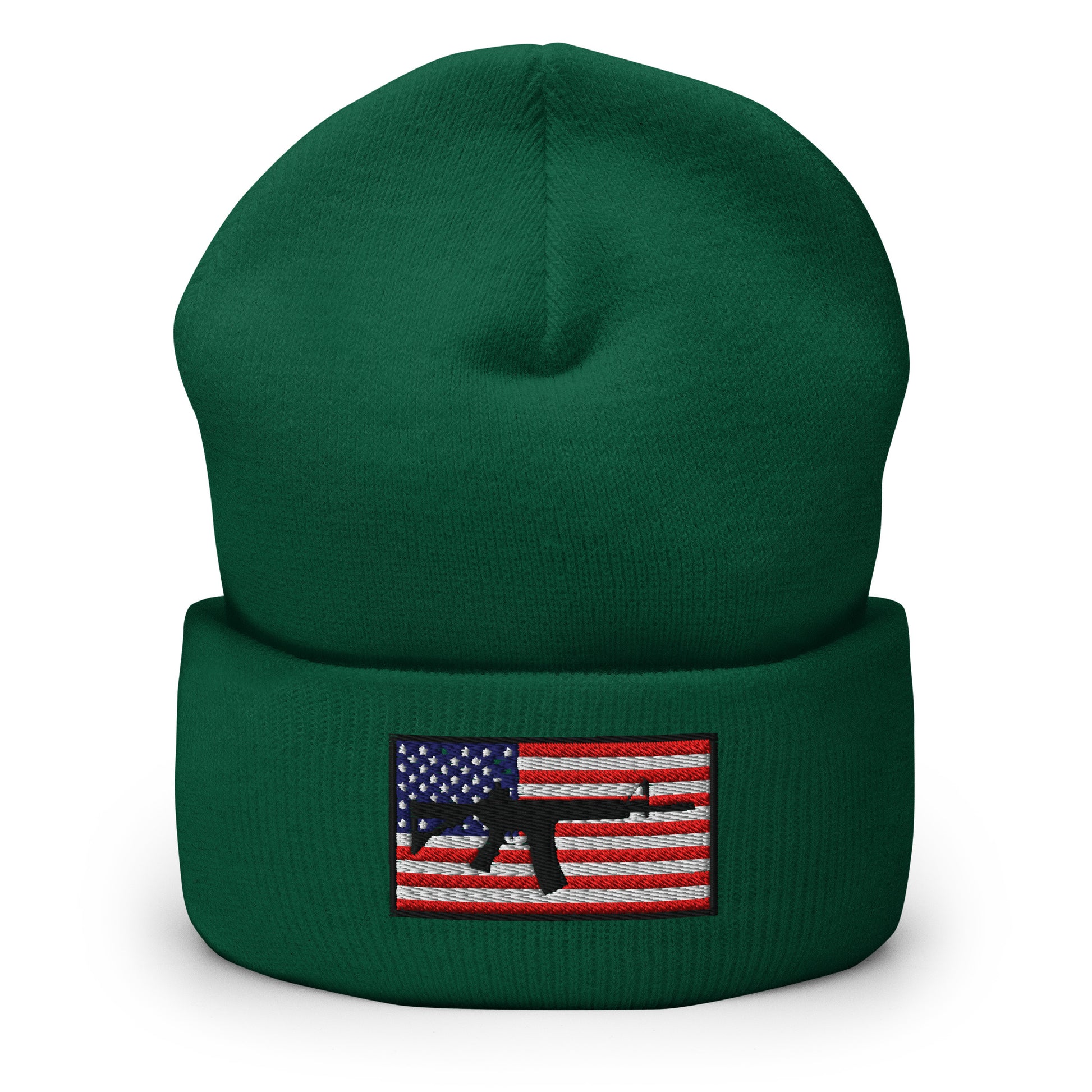 Patriotic AR-15 overlay on the USA Flag (Old Glory), embroidered on a Cuffed Beanie - available in 12 colors, shown here in green.