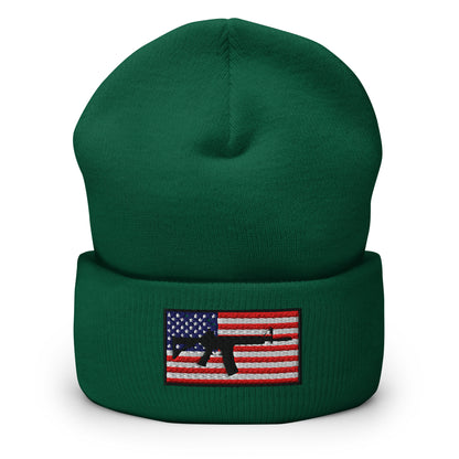 Patriotic AR-15 overlay on the USA Flag (Old Glory), embroidered on a Cuffed Beanie - available in 12 colors, shown here in green.