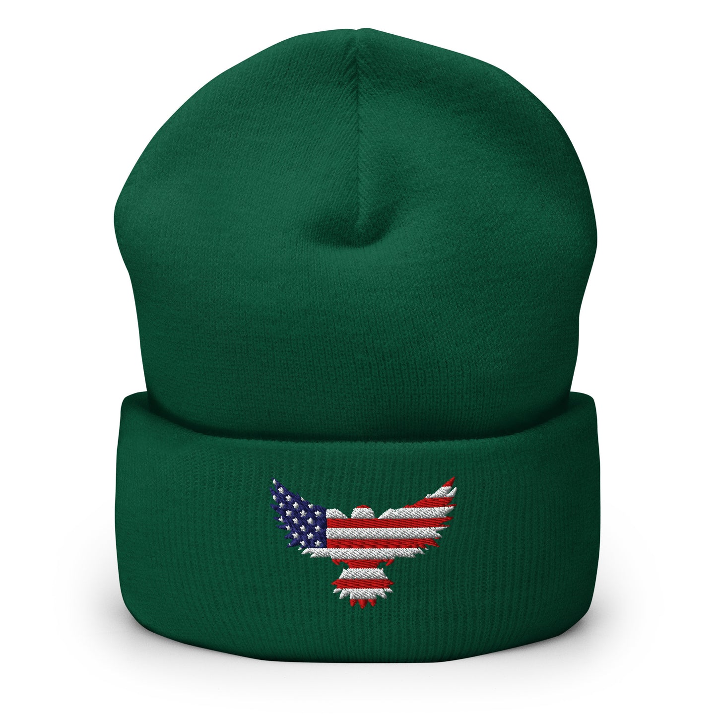 Patriotic Cuffed Beanie with USA Flag (Old Glory) Eagle embroidered into the cuff of the beanie - available in 12 different colors - shown here in green.