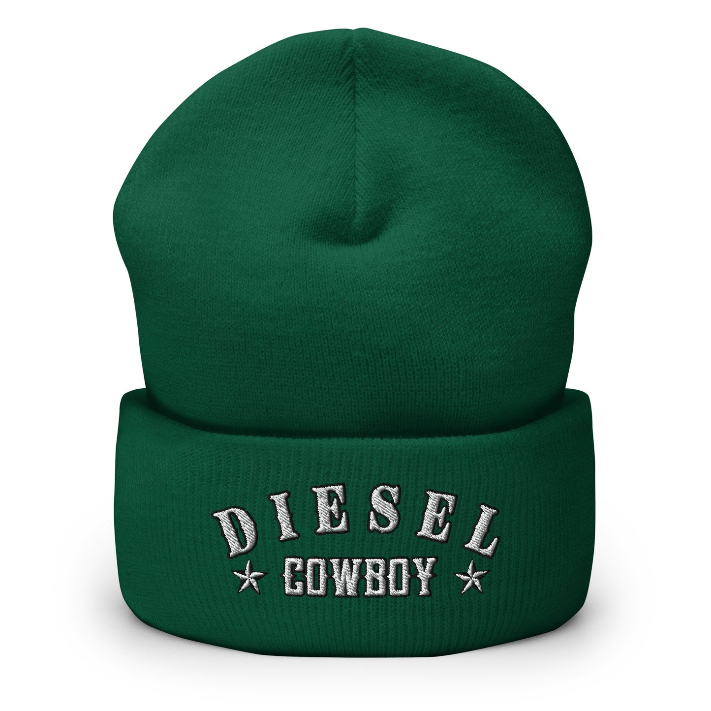 "Diesel Cowboy" embroidered into this cuffed beanie hat by Infidel Collective, available in 12 colors, shown here in green.