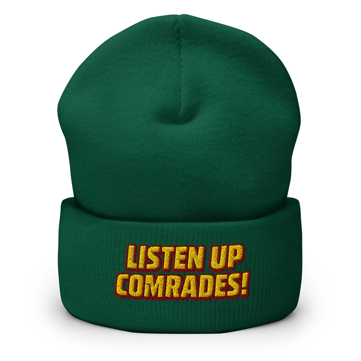 Green beanie with 'Listen Up Comrades!' text on a white background