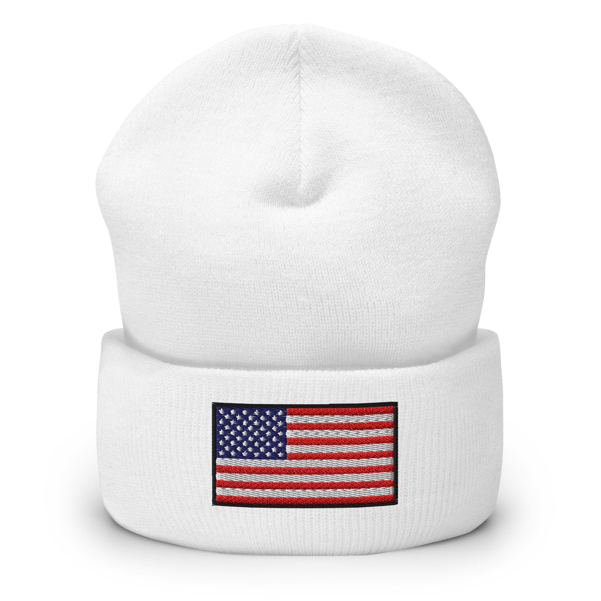Patriotic Cuffed Beanie with the USA Flag (Old Glory) embroidered into the cuff of the beanie - available in 12 different colors - shown here in white.