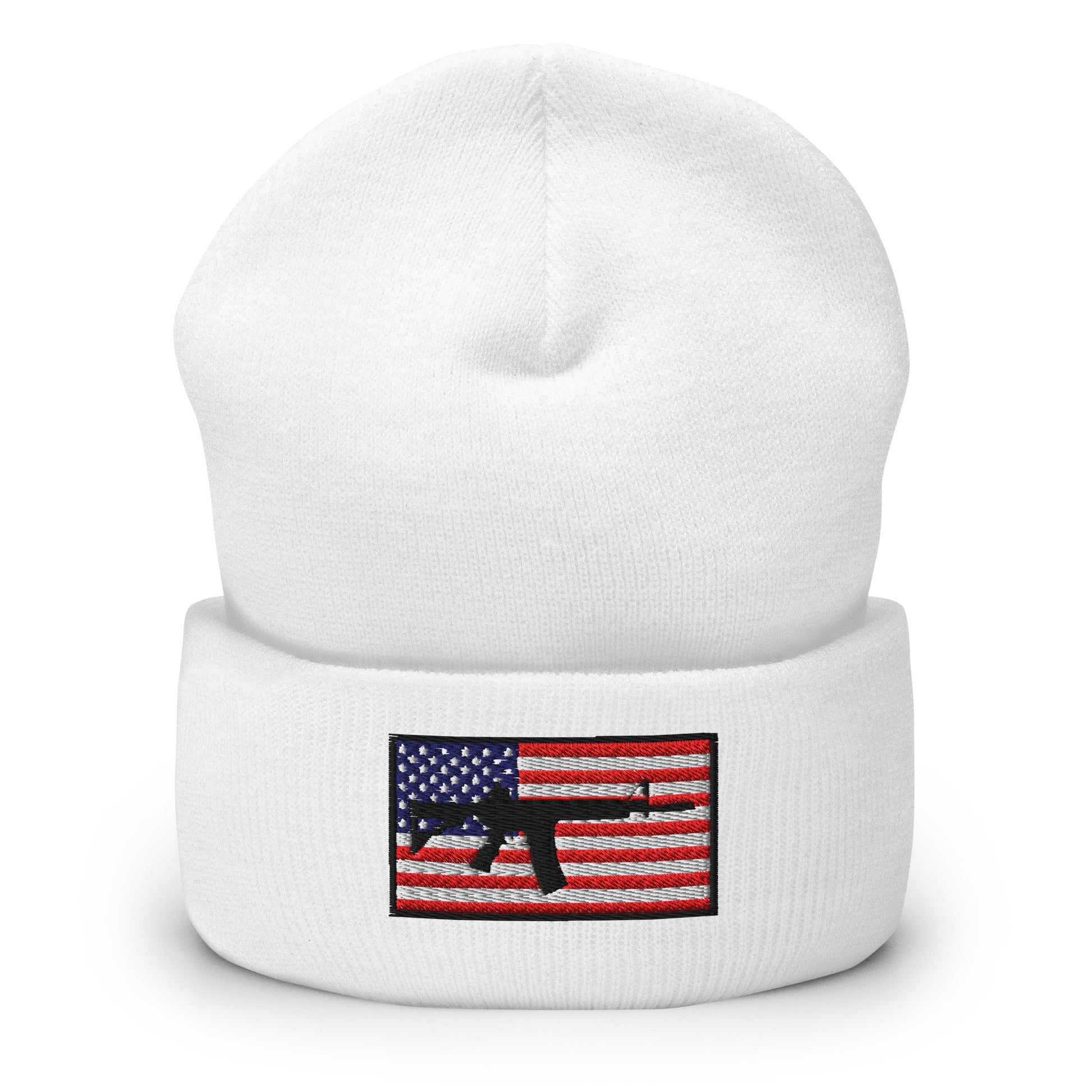 Patriotic AR-15 overlay on the USA Flag (Old Glory), embroidered on a Cuffed Beanie - available in 12 colors, shown here in white.