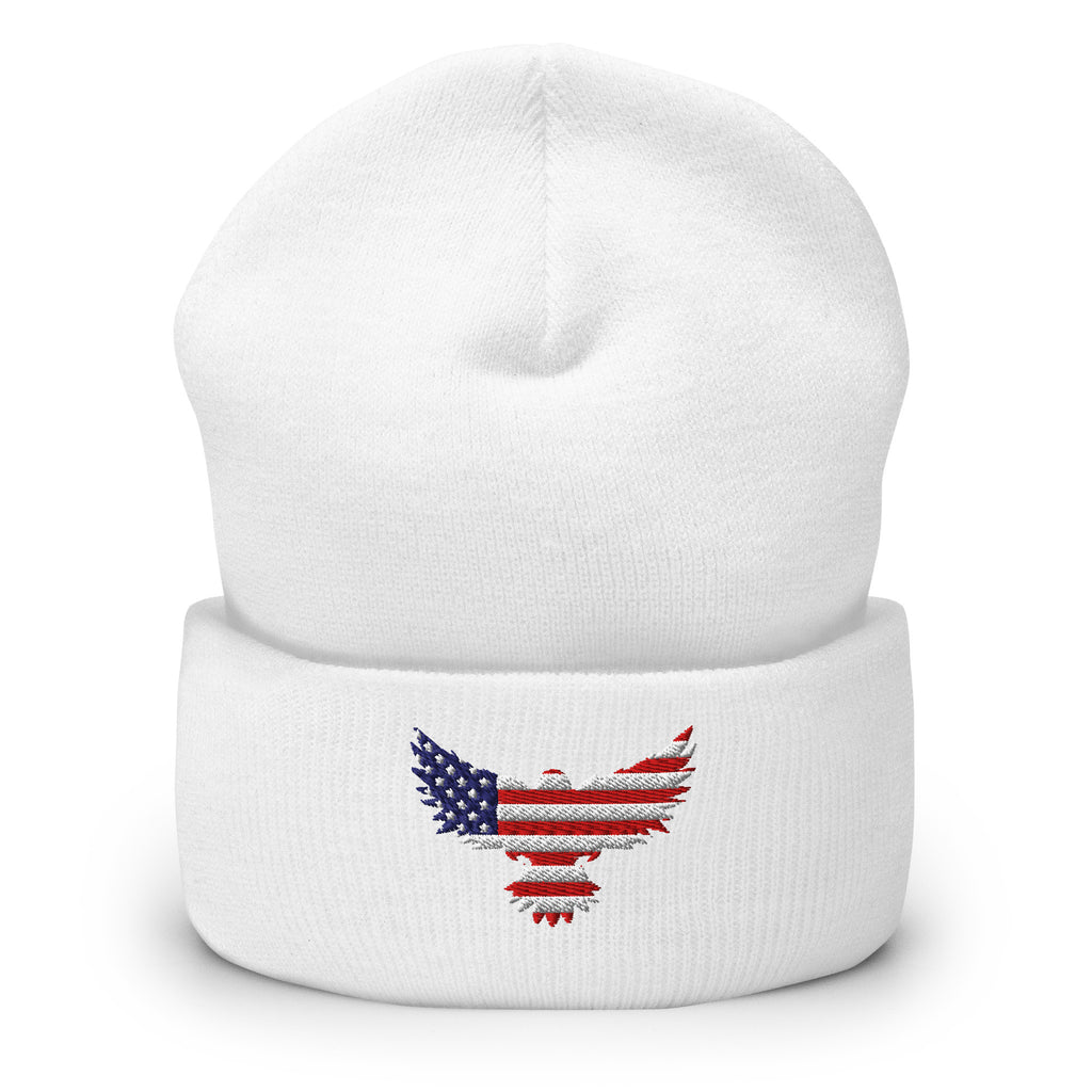 Patriotic Cuffed Beanie with USA Flag (Old Glory) Eagle embroidered into the cuff of the beanie - available in 12 different colors - shown here in white.