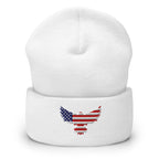 Patriotic Cuffed Beanie with USA Flag (Old Glory) Eagle embroidered into the cuff of the beanie - available in 12 different colors - shown here in white.