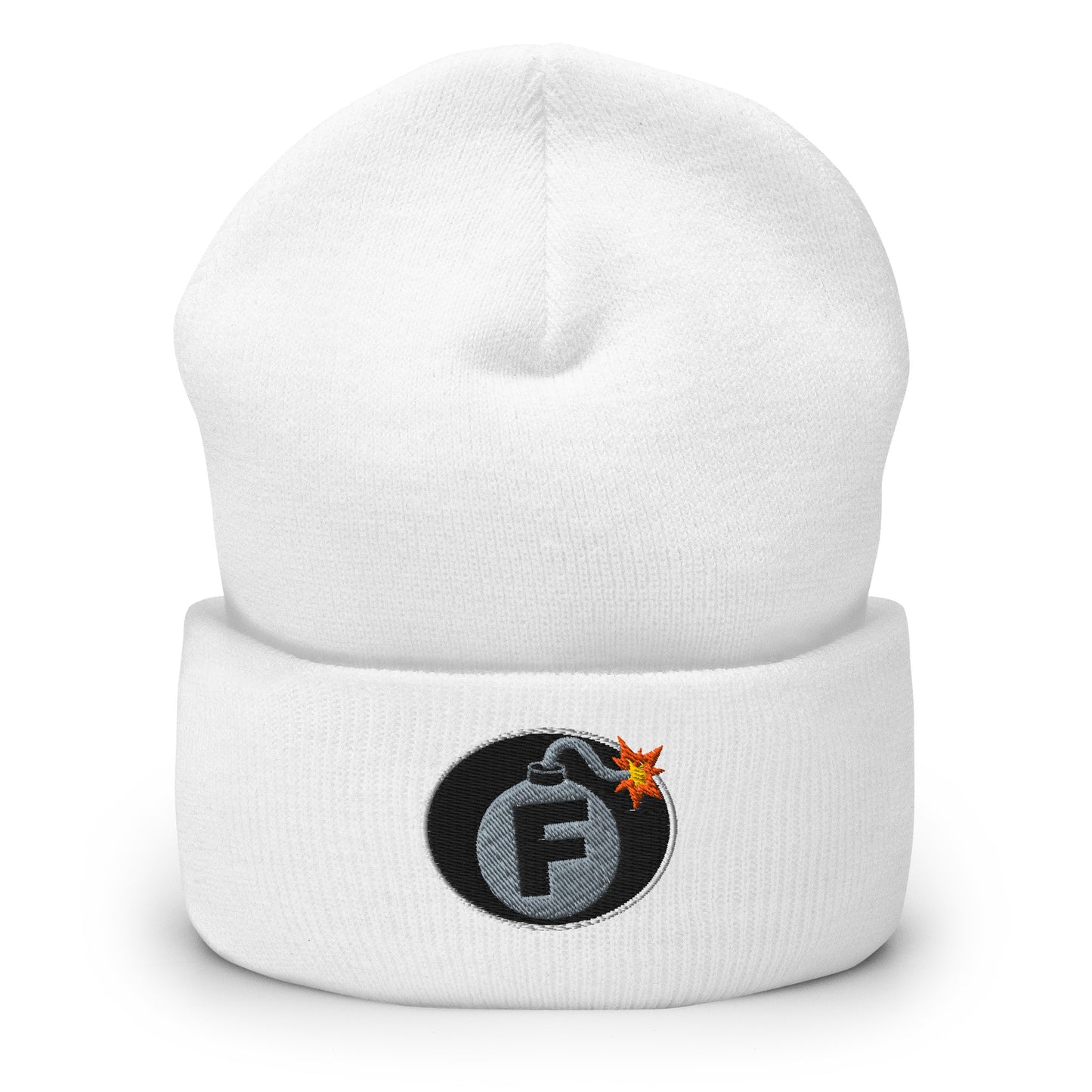 NSFW F-Bomb design is embroidered into this Cuffed Beanie by Infidel Collective - available in 12 colors, shown here in white.