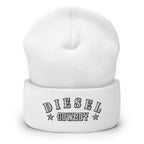 "Diesel Cowboy" embroidered into this cuffed beanie hat by Infidel Collective, available in 12 colors, shown here in white.