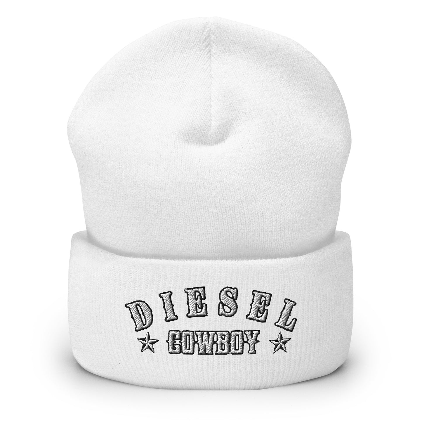 "Diesel Cowboy" embroidered into this cuffed beanie hat by Infidel Collective, available in 12 colors, shown here in white.