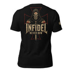 Black Infidel Collective tee with back print featuring hooded crusader skull, sword, battle cross, INFIDEL text, and Never Bow graphic