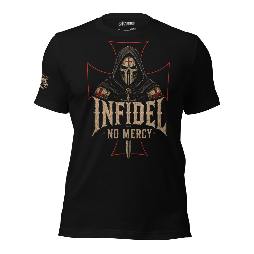 Death Mask Infidel No Mercy front print black tee from Infidel Collective
