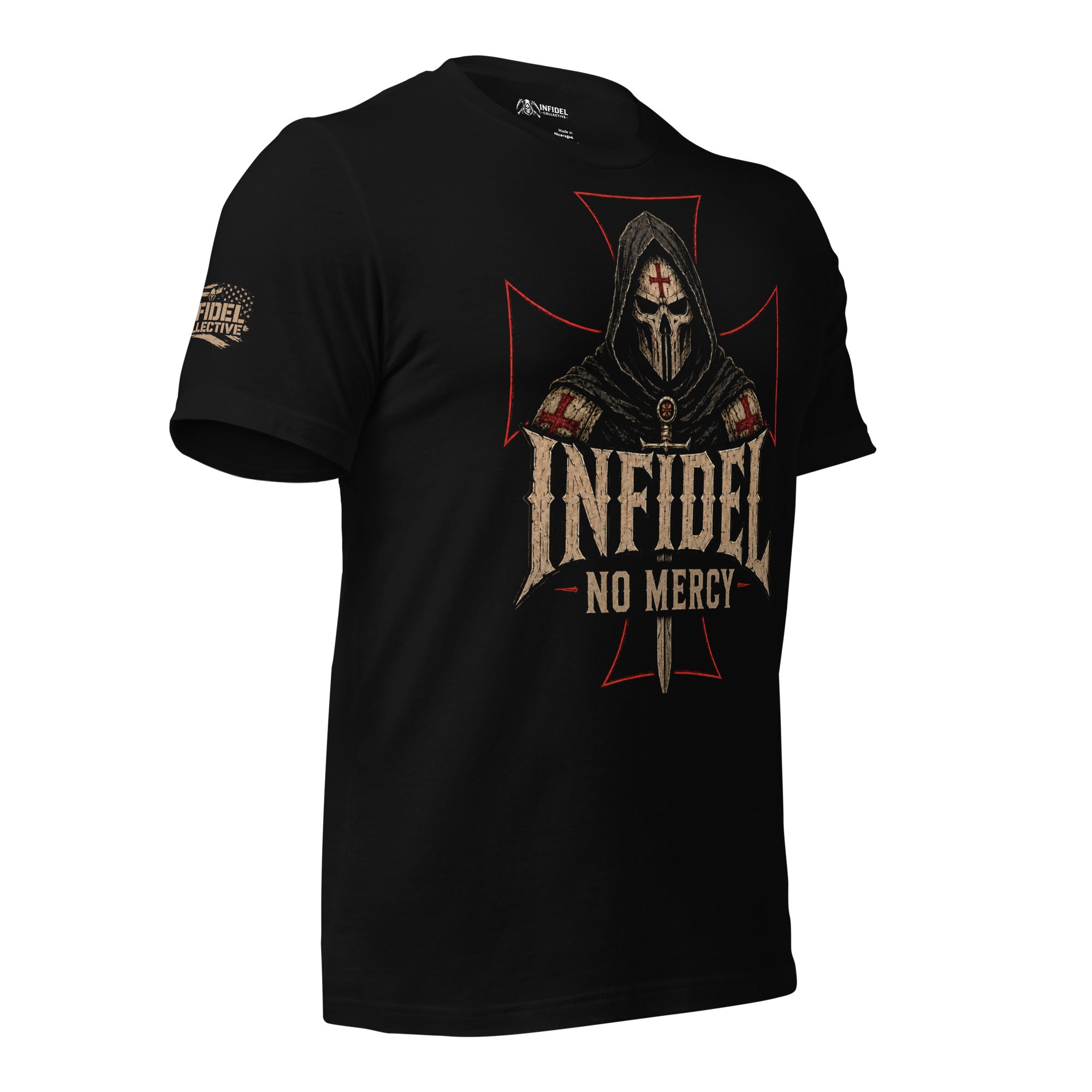 Death Mask Infidel No Mercy front print black tee from Infidel Collective