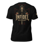 Black Infidel Collective tee with back print featuring hooded crusader skull, sword, battle cross, INFIDEL text, and No Apology graphic