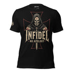 Black t-shirt with 'Infidel No Apology' design on a textured American flag background