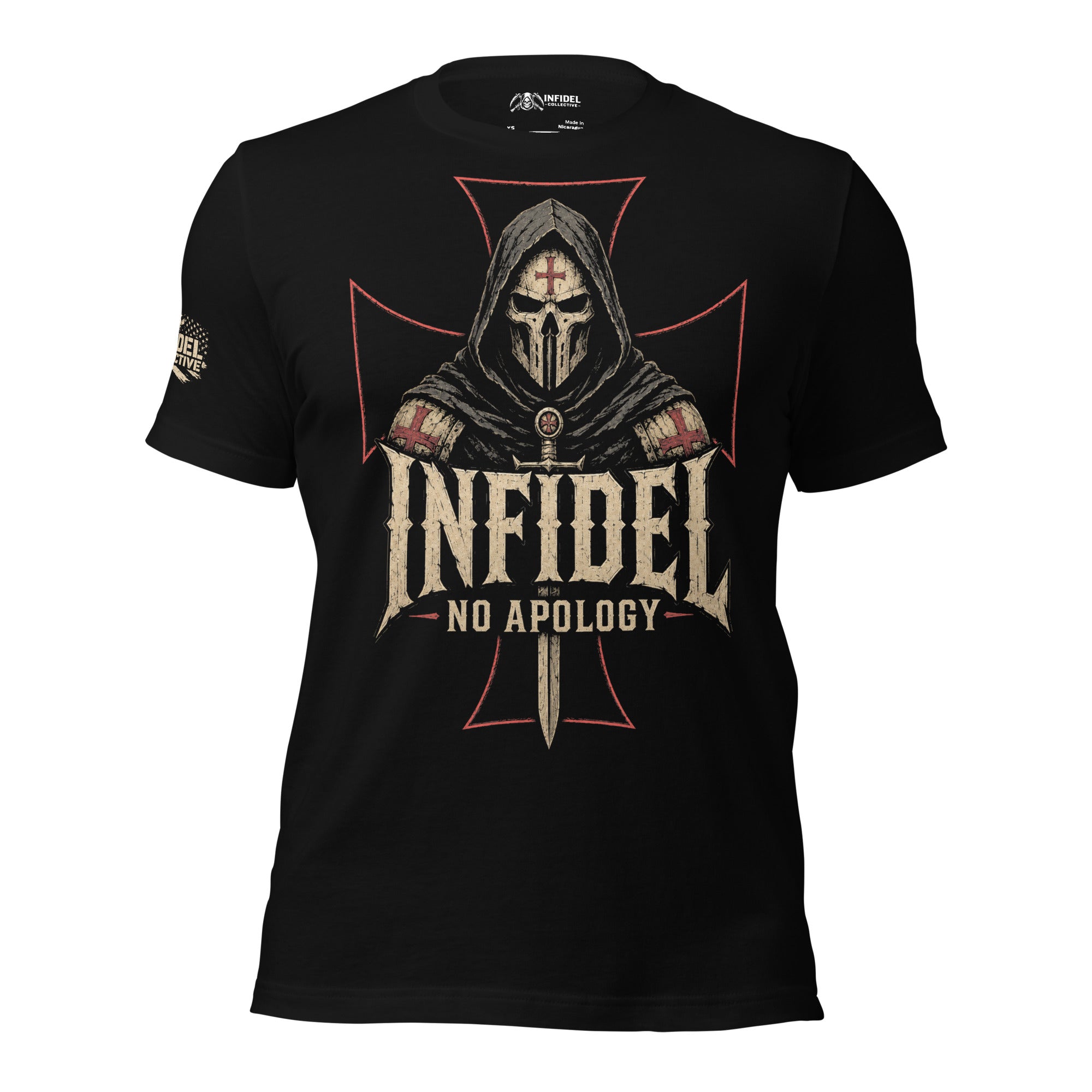 Black t-shirt with 'Infidel No Apology' design on a textured American flag background