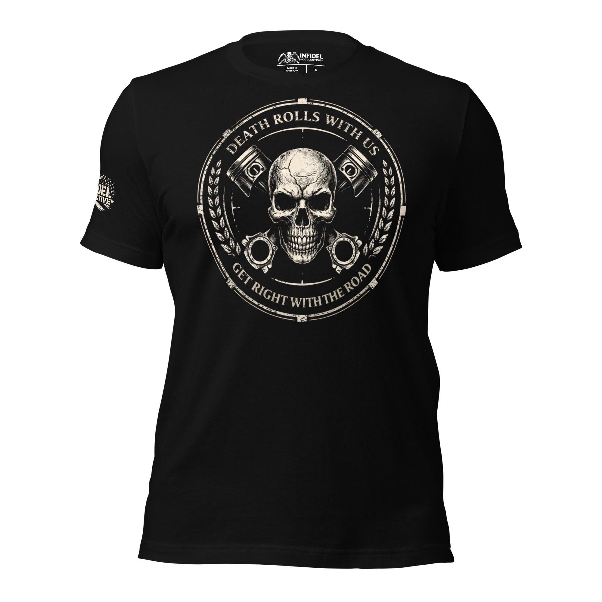 Death Rolls With Us piston skull graphic black tee from Infidel Collective