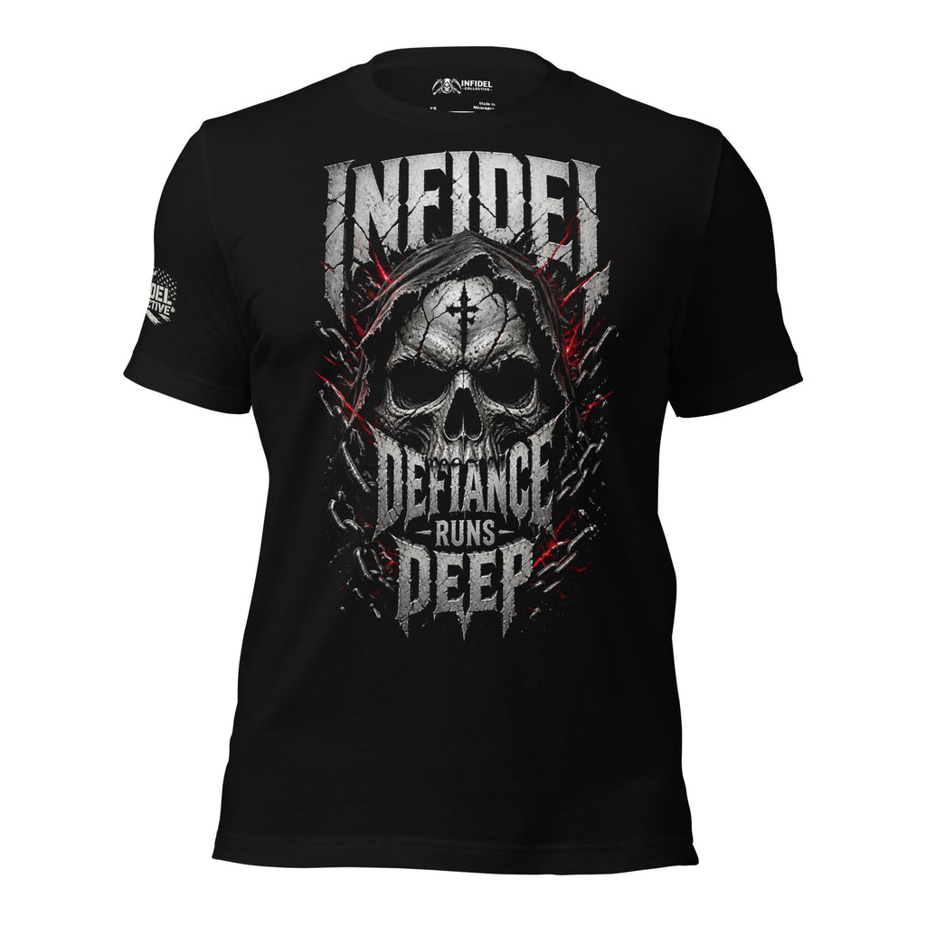 Defiance Runs Deep Infidel skull graphic black tee from Infidel Collective