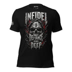 Defiance Runs Deep Infidel skull graphic black tee from Infidel Collective