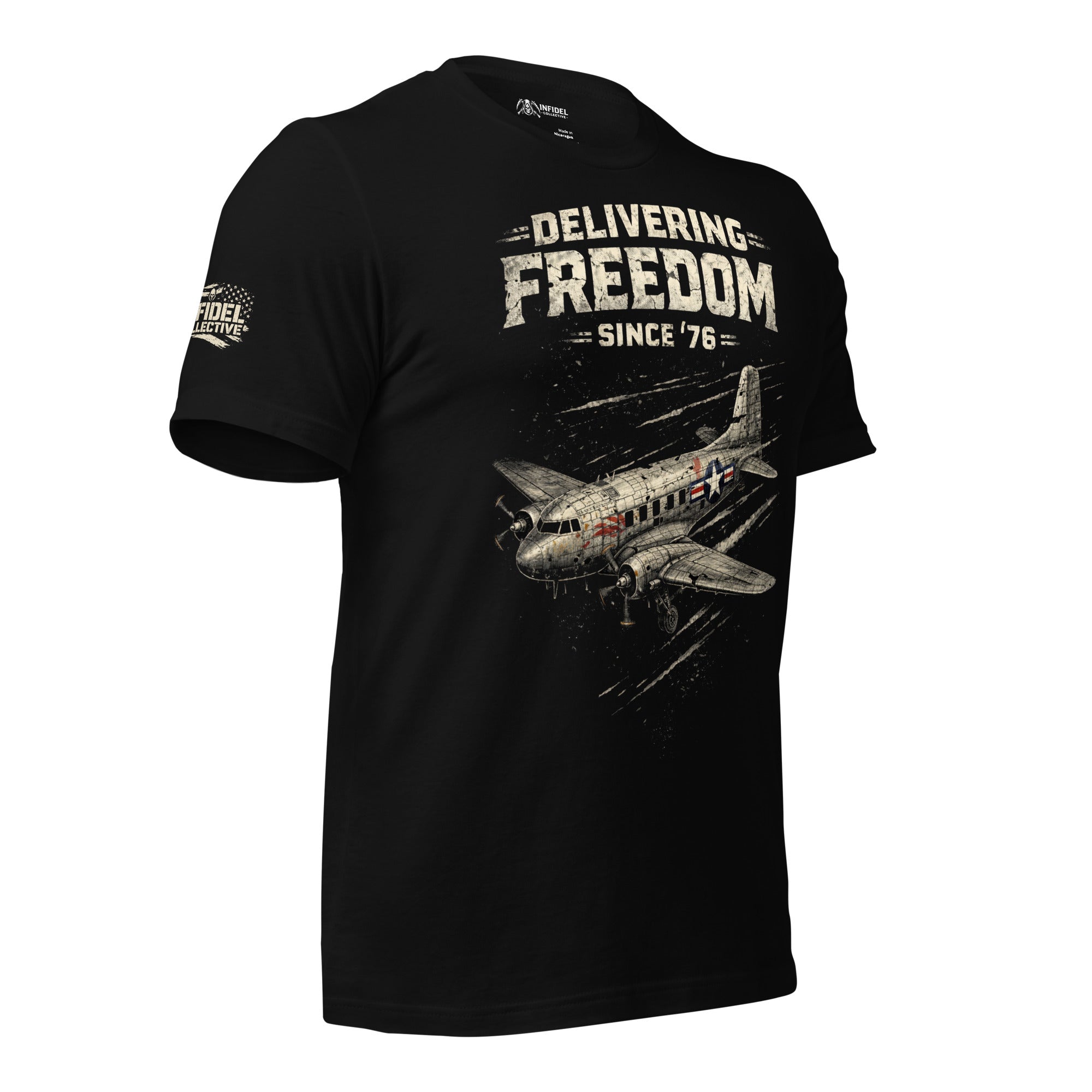 Front print black t-shirt featuring vintage military transport aircraft and Delivering Freedom Since '76 patriotic graphic