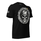 Black tee with Department of Bad Decisions front print featuring a skull wearing a combat helmet with a lit fuse