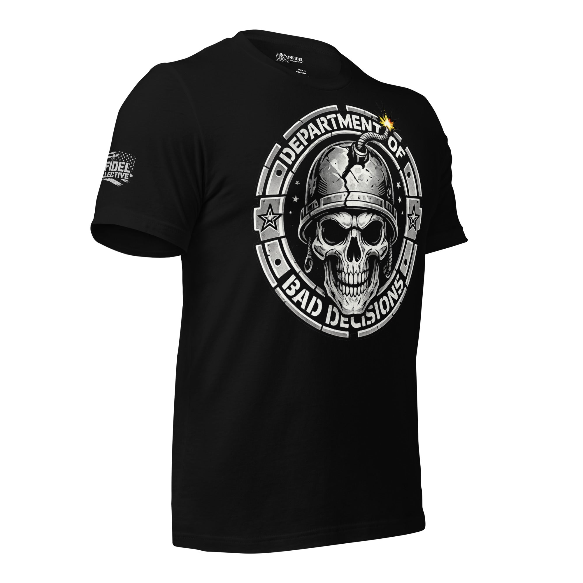 Black tee with Department of Bad Decisions front print featuring a skull wearing a combat helmet with a lit fuse