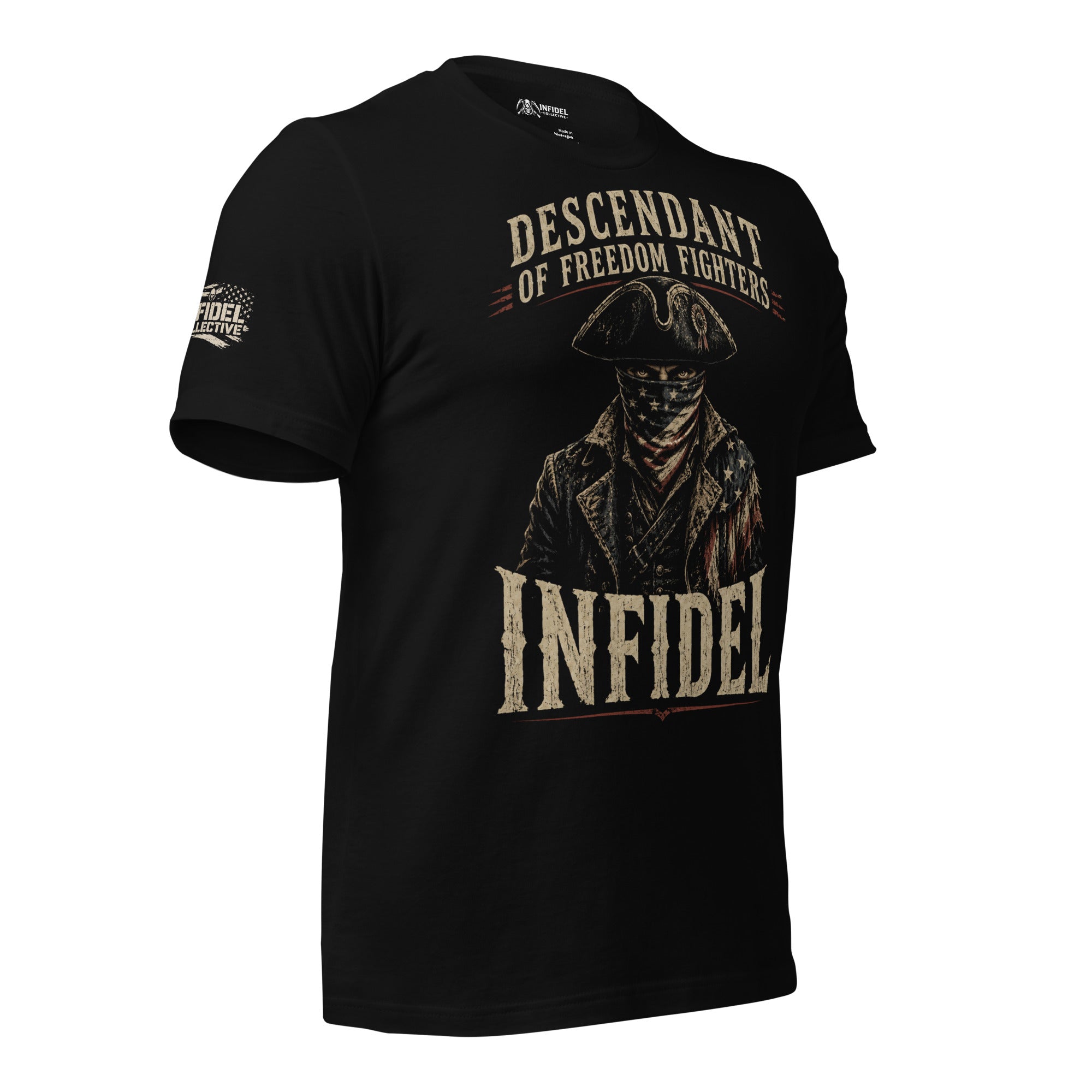 Descendant of Freedom Fighters Infidel front graphic black tee from Infidel Collective