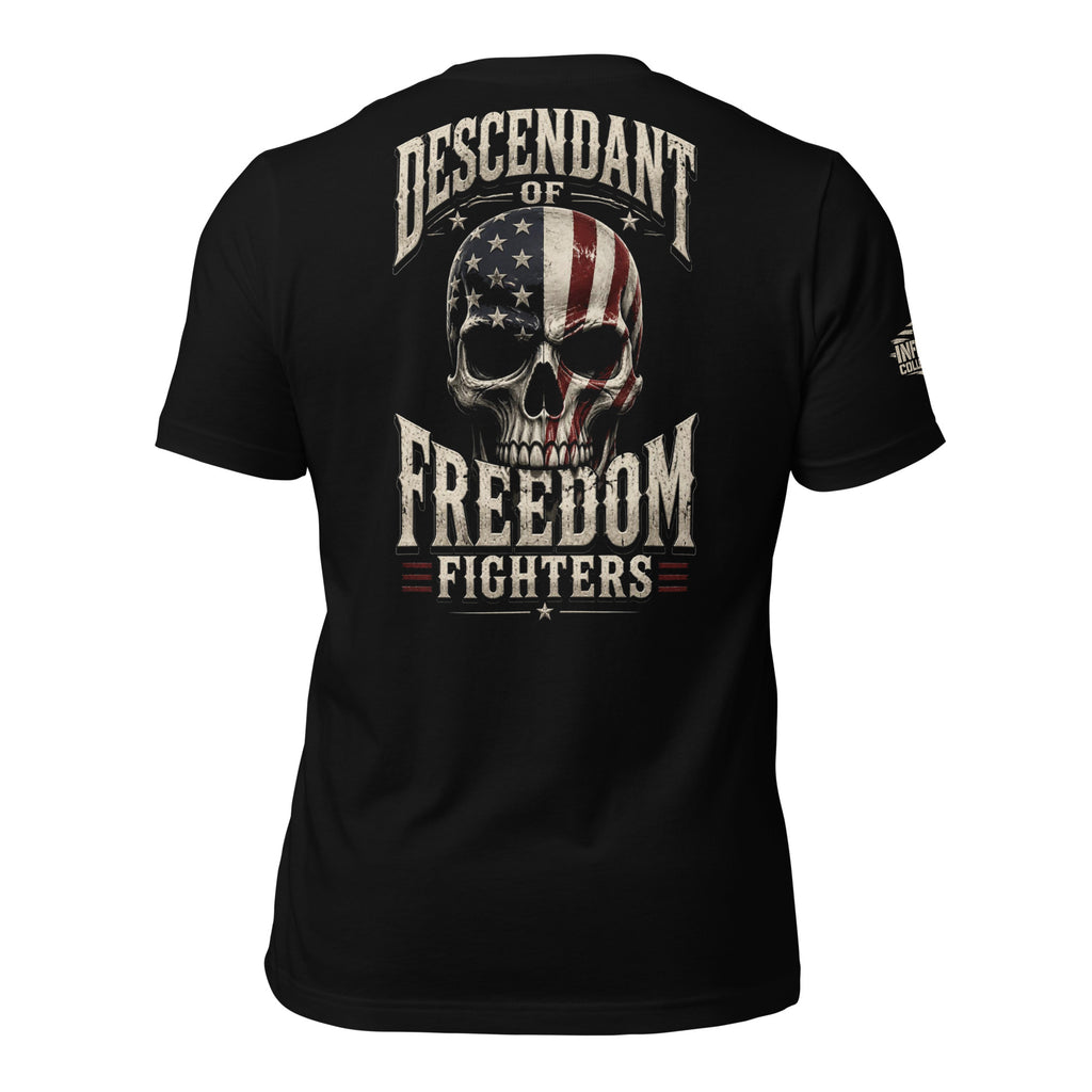 Descendant of Freedom Fighters skull American flag back print black tee from Infidel Collective