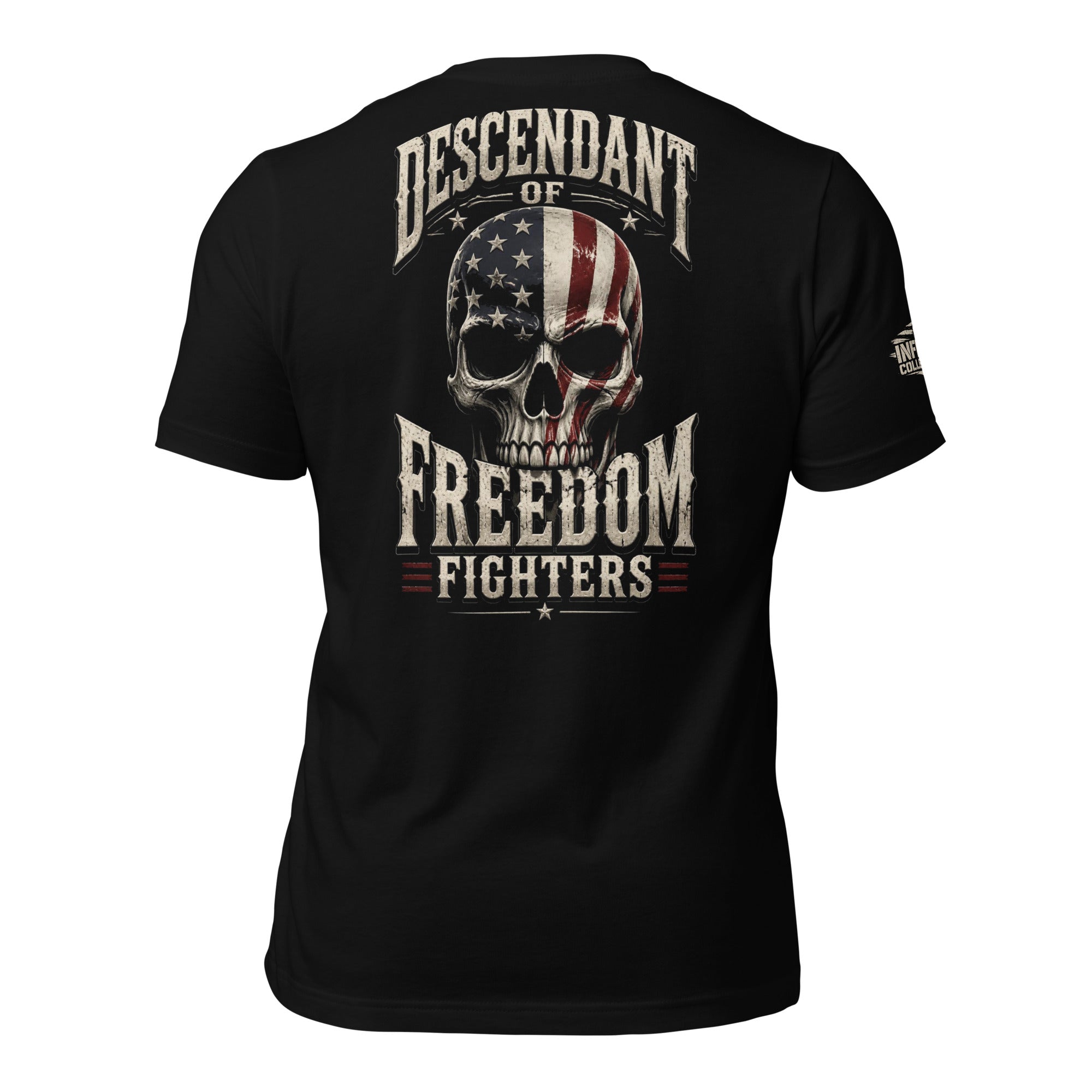 Descendant of Freedom Fighters skull American flag back print black tee from Infidel Collective