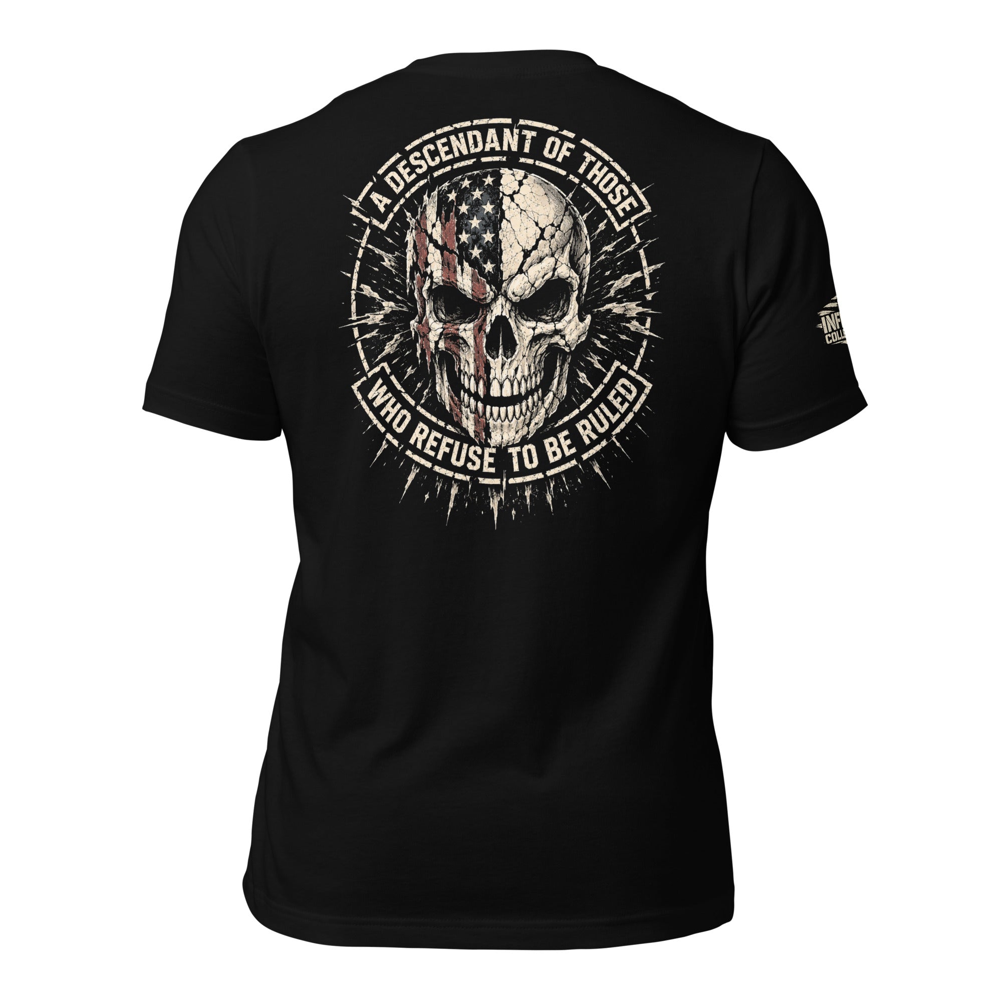 Descendant of the Unruled skull American flag back print black tee from Infidel Collective
