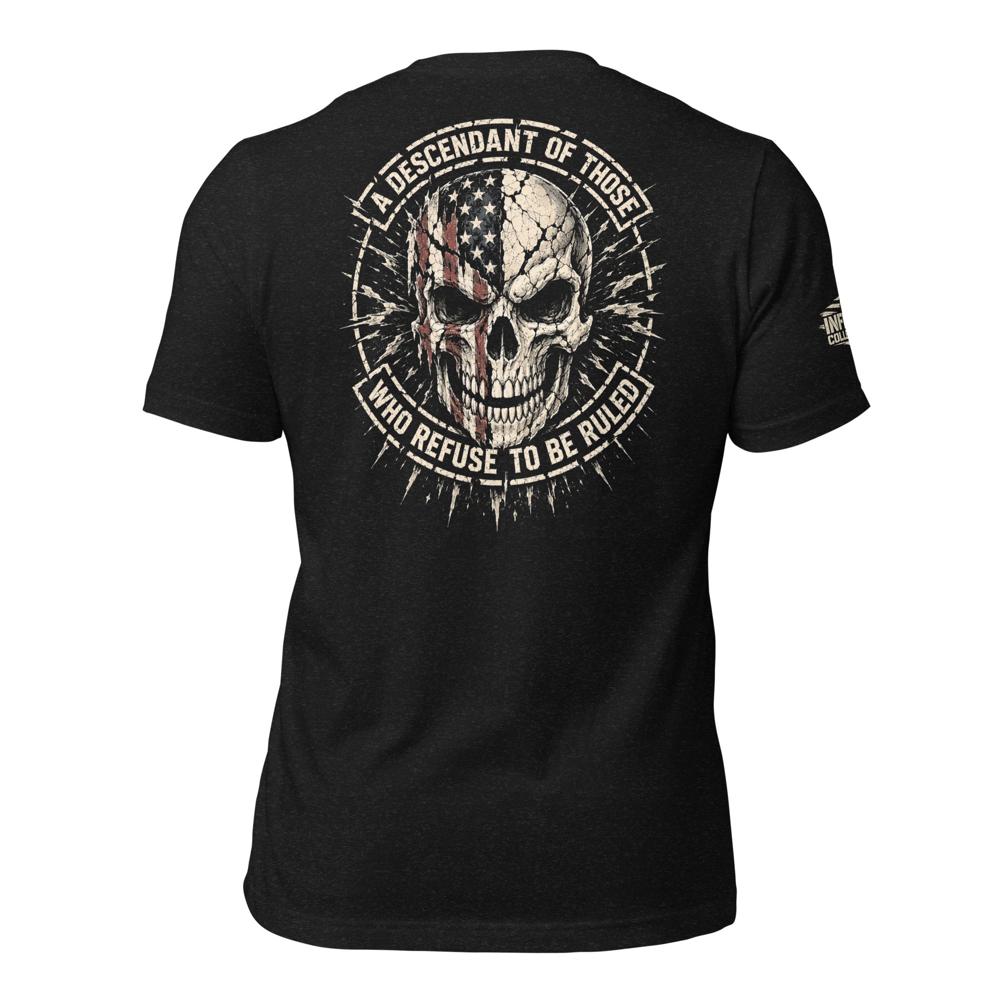 Descendant of the Unruled skull American flag back print black tee from Infidel Collective